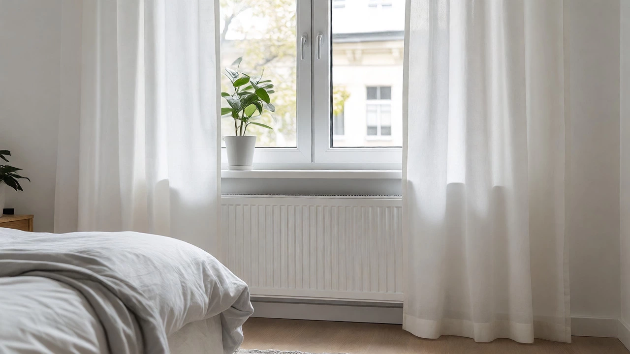 Sill-length white cotton curtains ending at the windowsill above a radiator in a minimal bedroom.