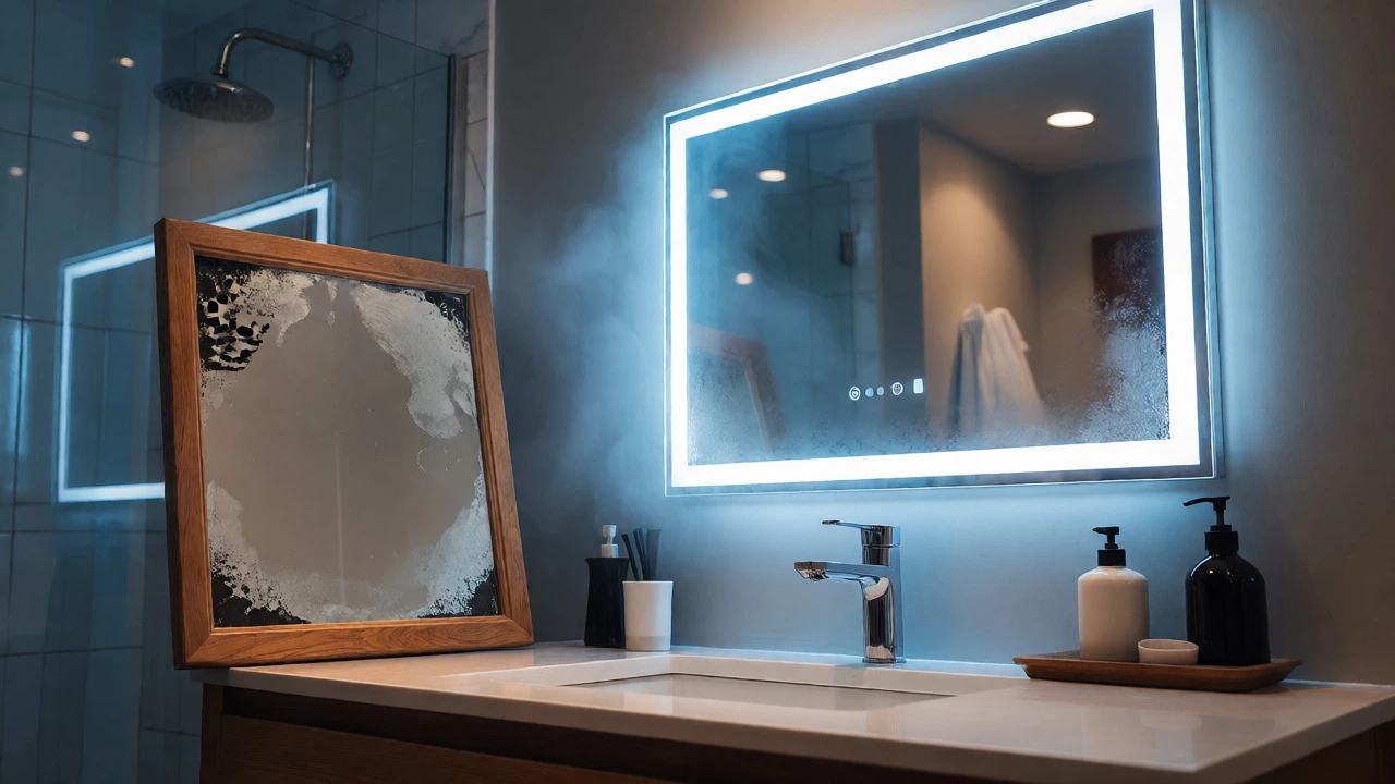 Steamy bathroom contrasting a clear LED mirror with a damaged desilvered cheap mirror