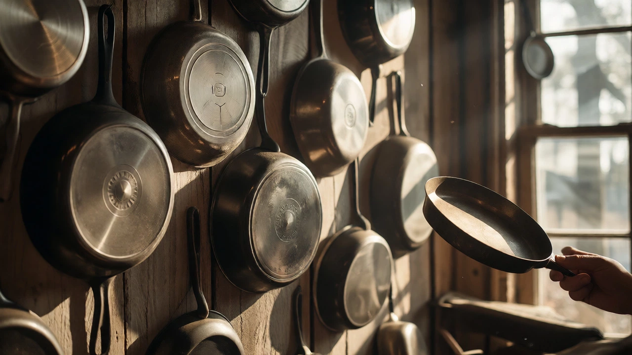 Vintage Griswold and Wagner skillets hanging on a rustic wall, one held in sunlight.