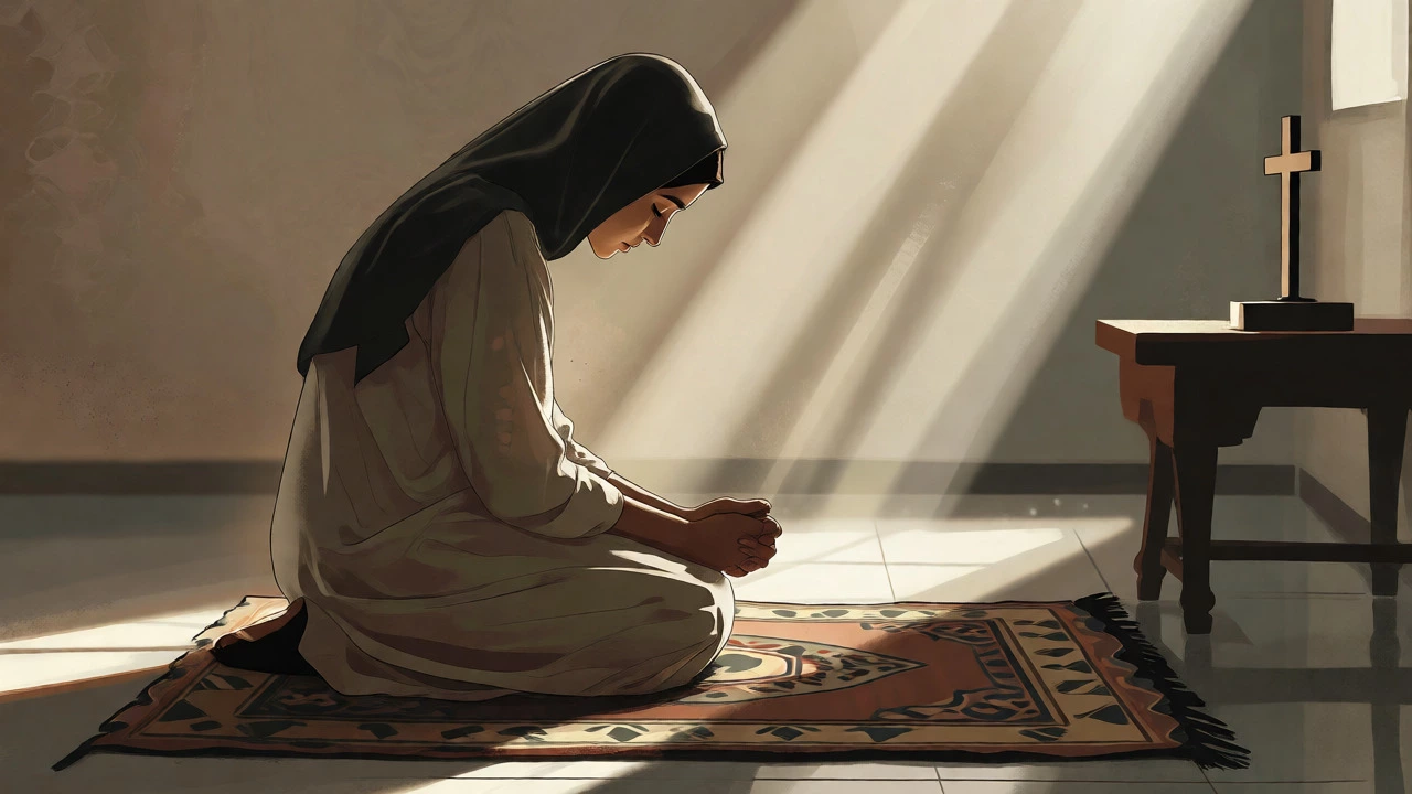 Woman kneeling in prayer on a mat facing a cross in a serene room