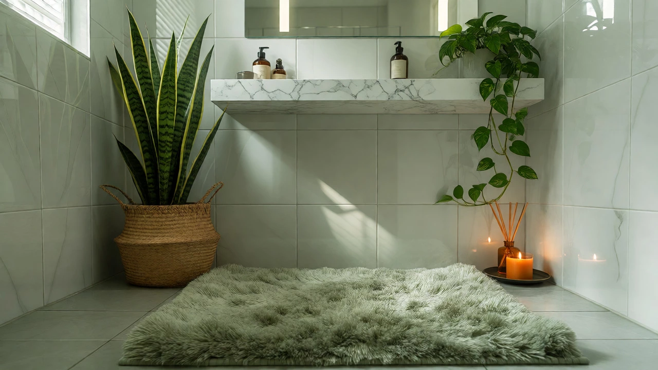 Bathroom corner with snake plant, trailing vines, and plush rug