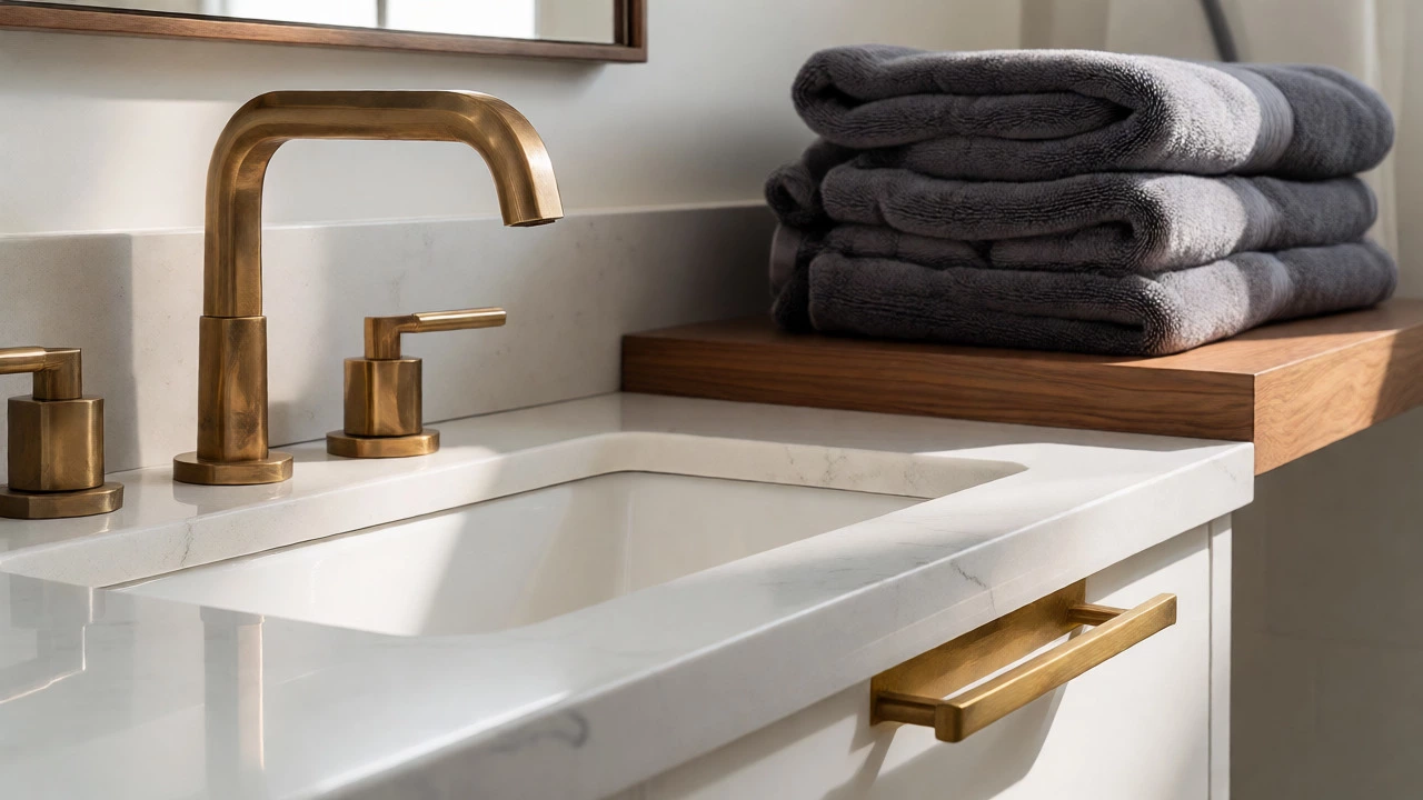 Brass faucet and folded grey towels on a floating shelf