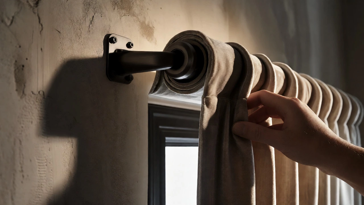 Close-up of curtain rod bracket and heavy velvet fabric stack against the wall