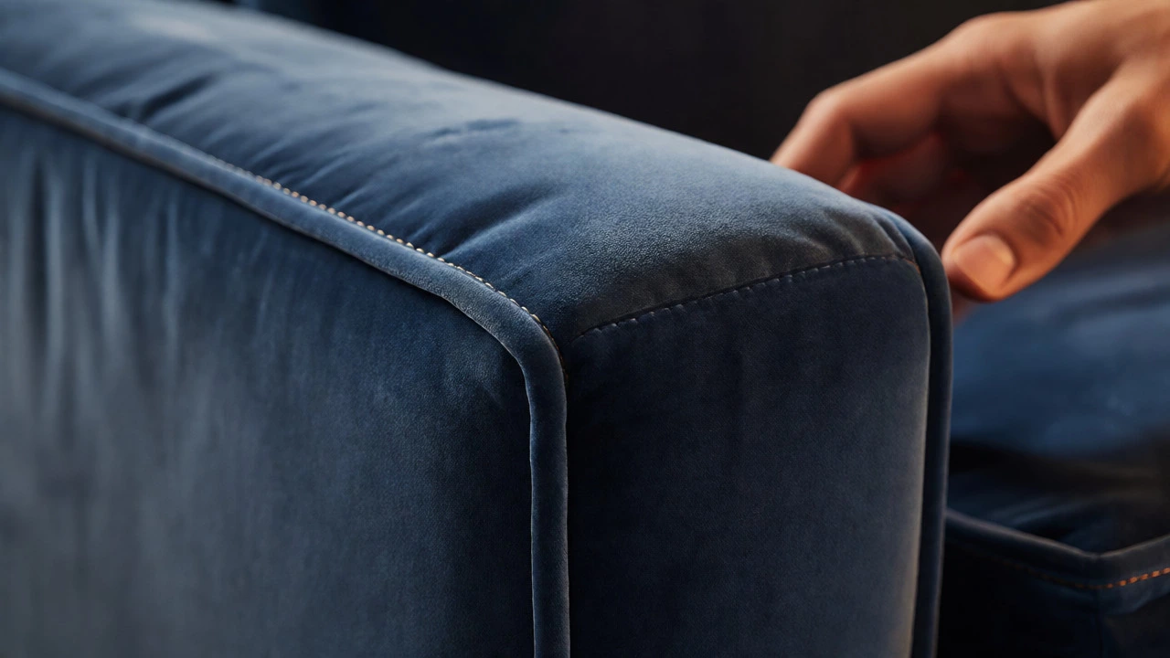 Close-up of taut velvet upholstery and precise stitching on a sofa