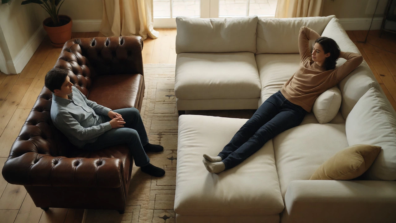 Comparison of a short person on a shallow Chesterfield and a tall person on a deep sectional sofa.