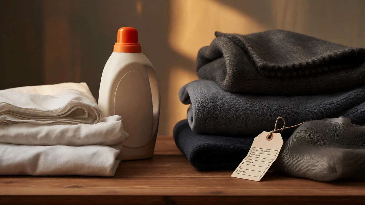 Cotton sheets and heavy wool blankets arranged separately for laundry