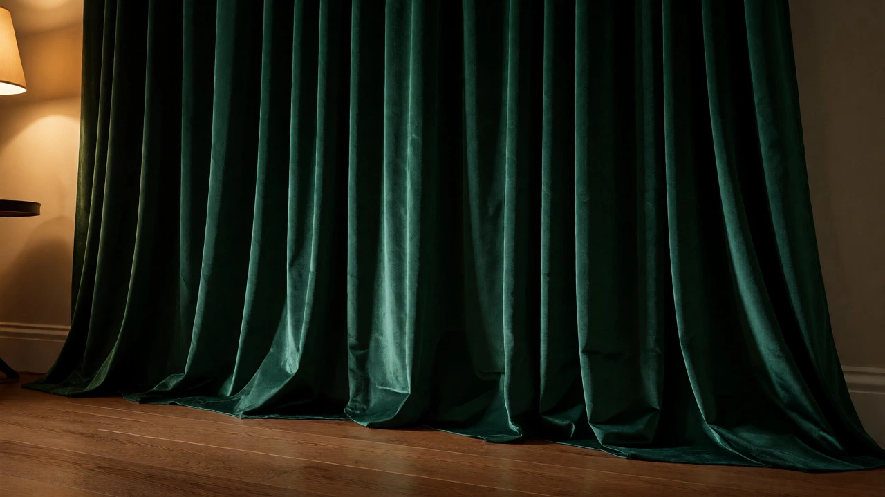 Emerald velvet curtains breaking gently on a hardwood floor in a living room.