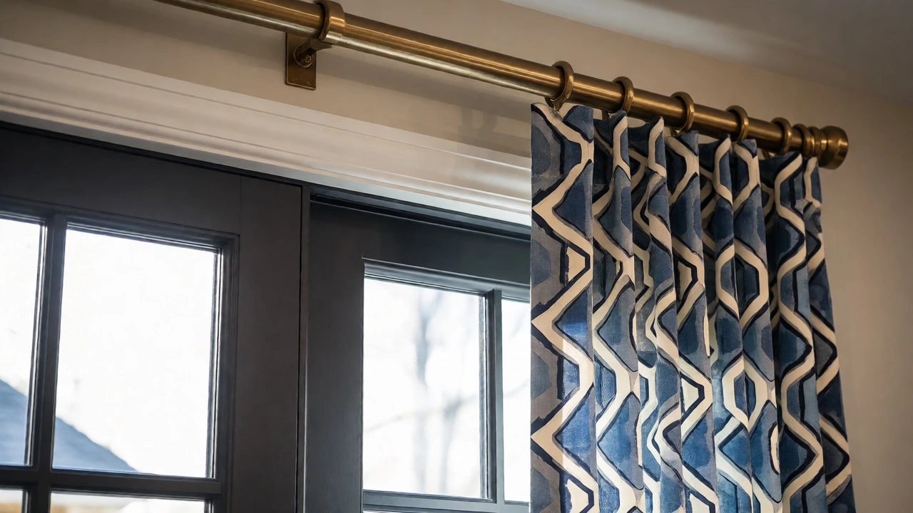 French doors and standard windows sharing brass rods but different fabrics