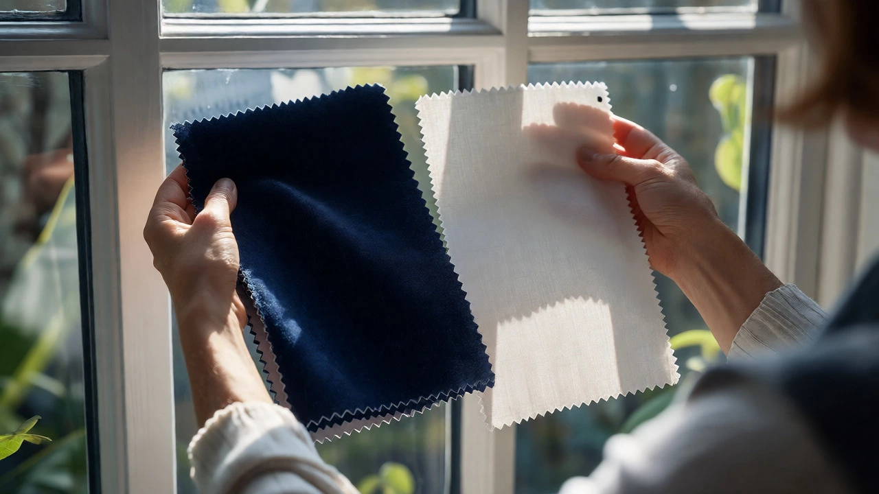 Hands comparing navy velvet and white linen fabric swatches near a window