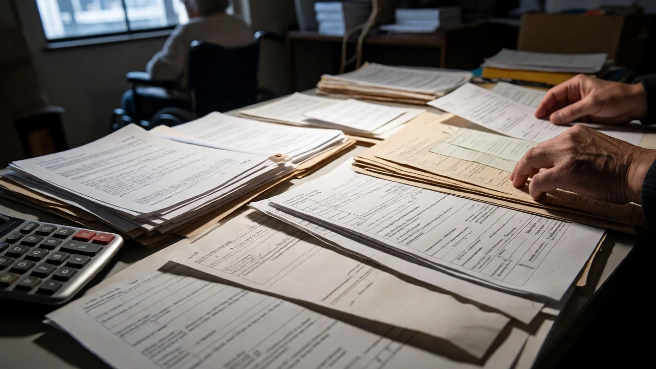 Hands sorting financial documents for caregiver applications