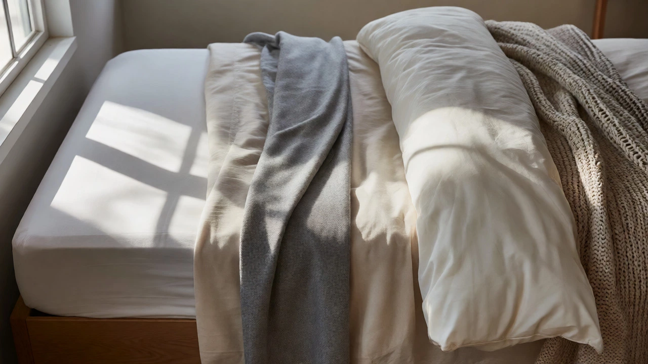 Layered bed showing sheets, wool blanket, and duvet cover clearly separated
