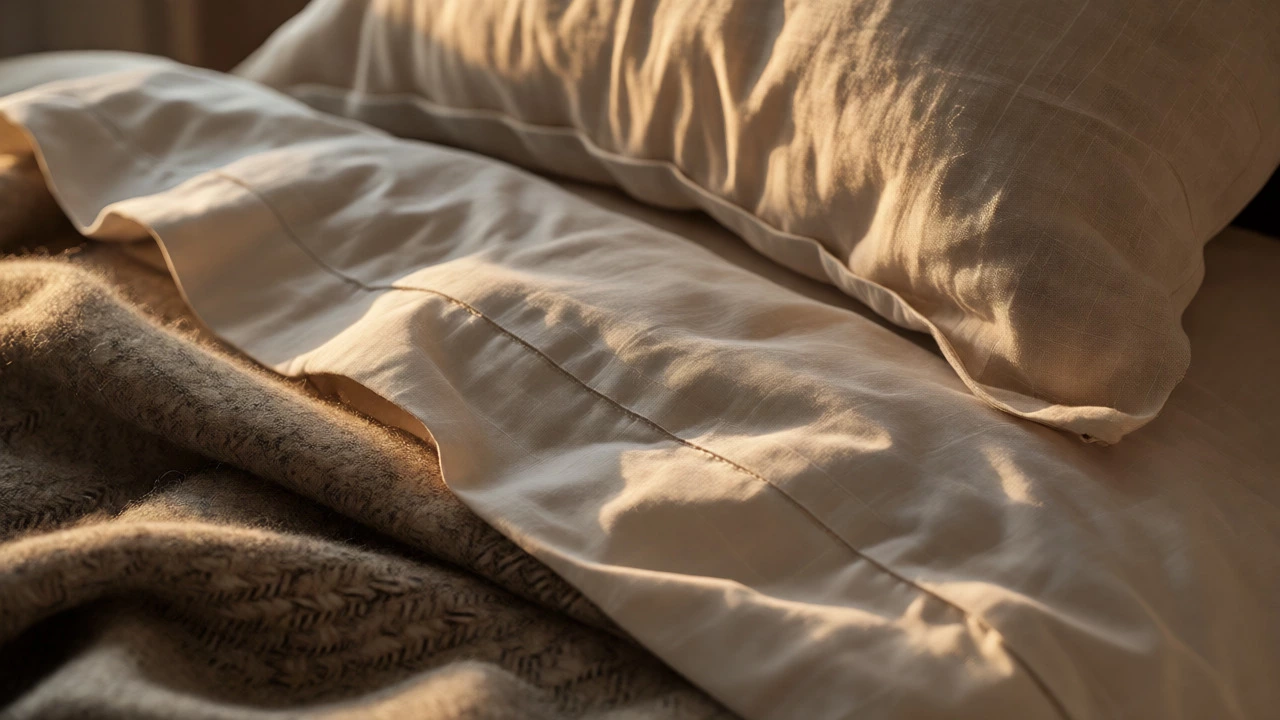 Macro close-up of various bedding fabrics showing distinct weaves and textures.