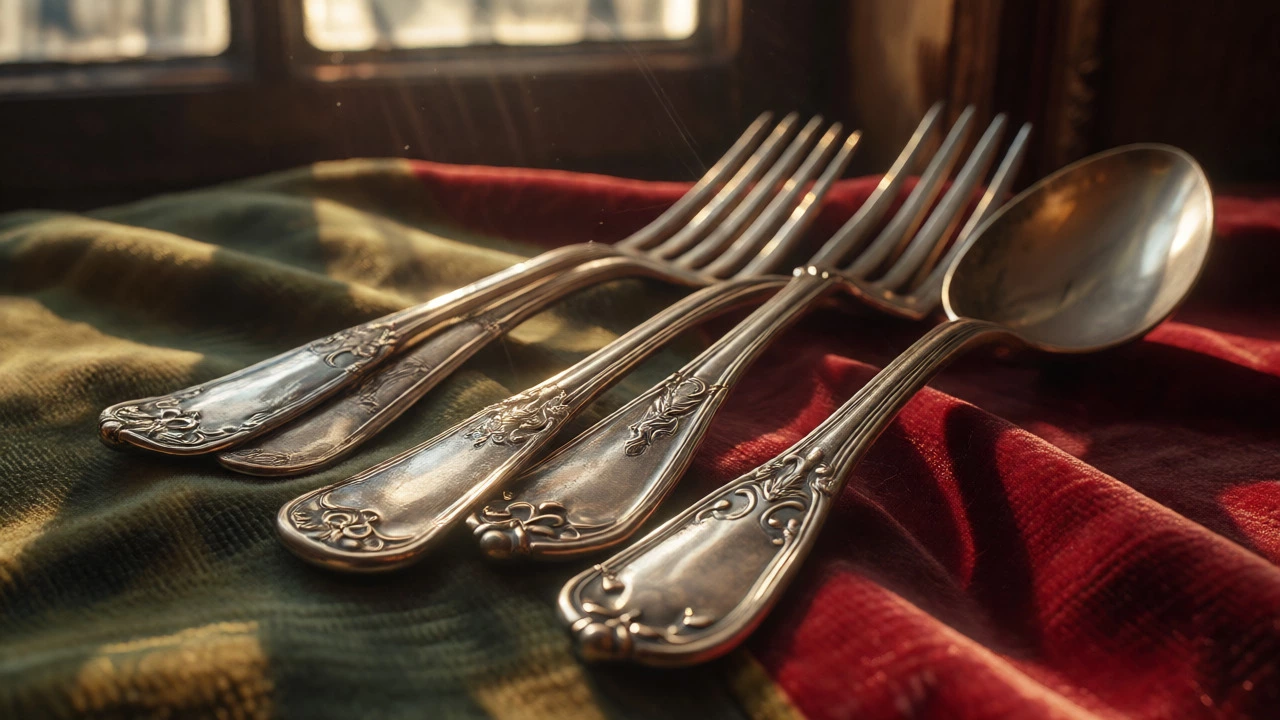 Macro shot of vintage silver spoons and forks on velvet with dramatic lighting