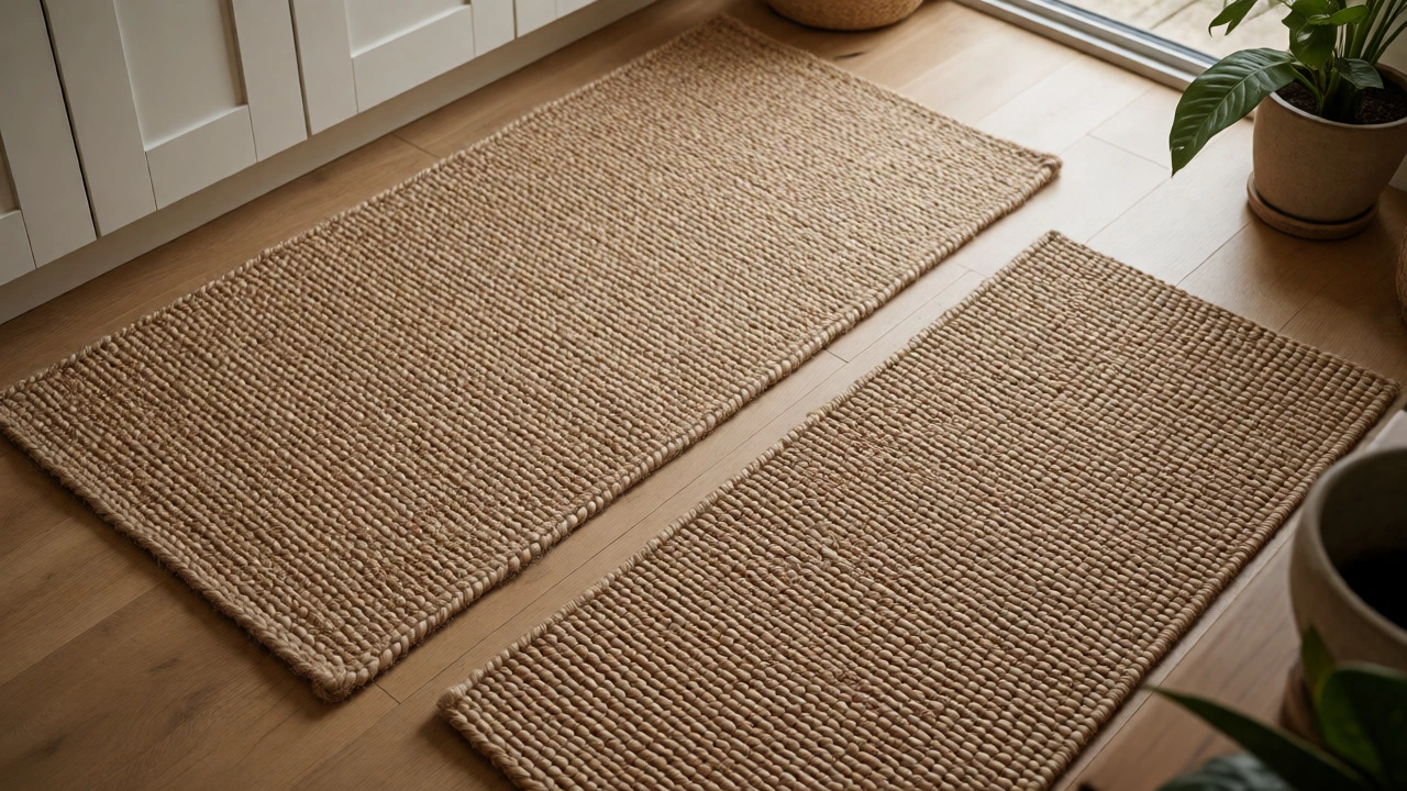 Natural jute and recycled material rugs displayed on light wood flooring