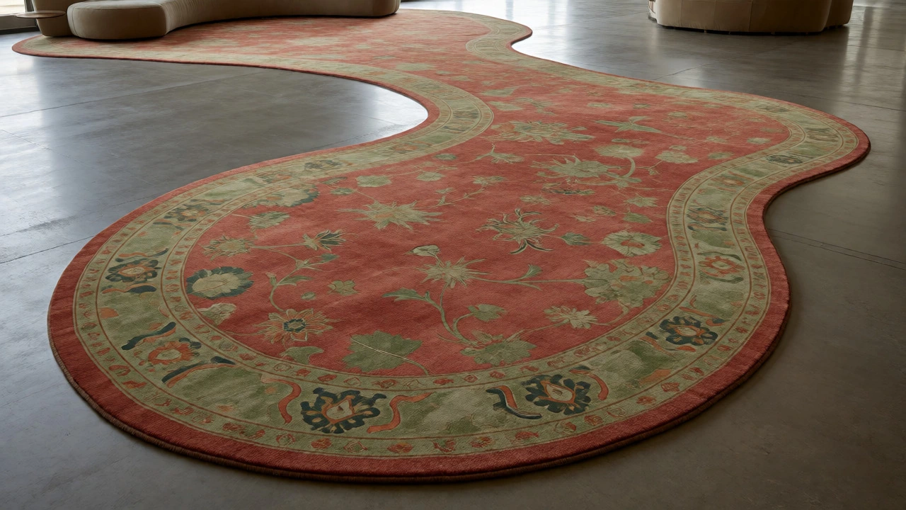 Organic-shaped vintage-style rug anchoring a modern open-plan living space