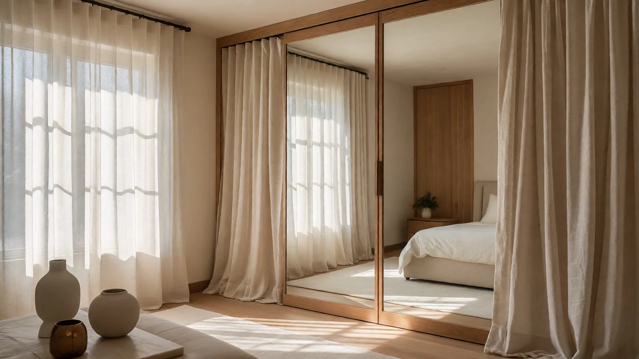 Serene bedroom with hidden mirrors and soft lighting to reduce anxiety triggers.