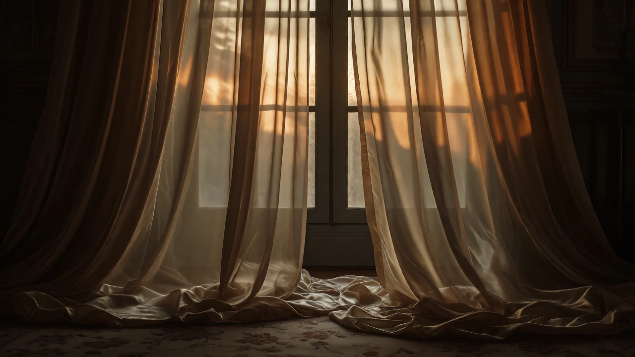 Sheer silk curtains pooling dramatically on the bedroom floor during sunset.