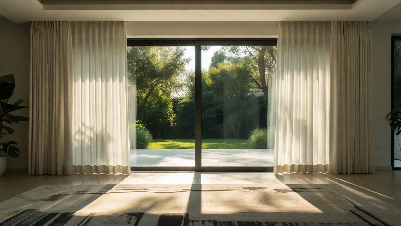 Sliding glass doors with fully opened curtains revealing an outdoor garden view