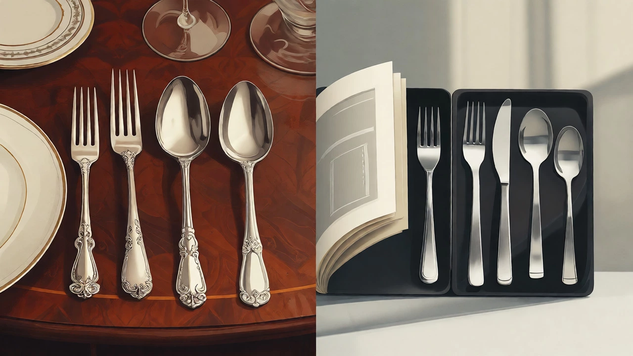 Split view comparing traditional British cutlery and modern American flatware styles