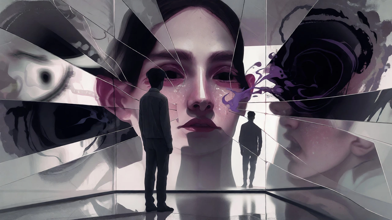 Surreal artwork showing a fragmented mirror reflecting distorted, anxious emotions.