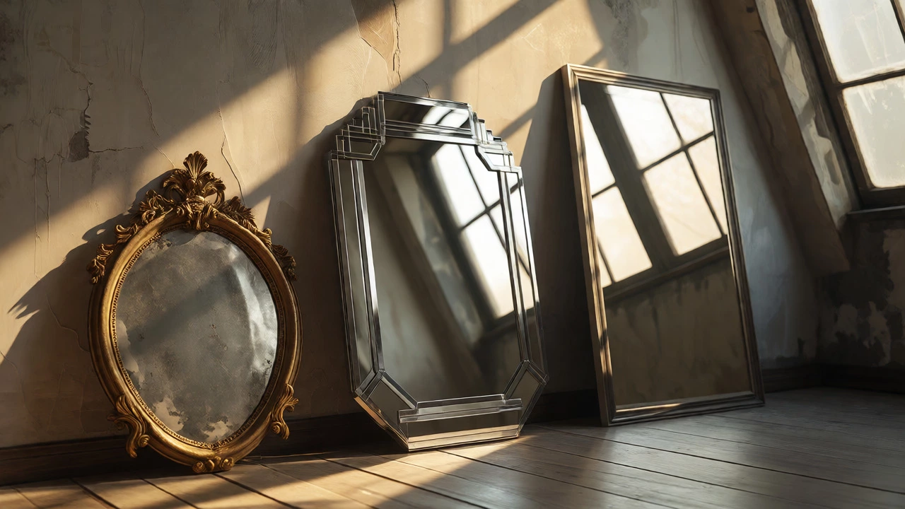 Three mirrors comparing Baroque, Art Deco, and modern styles in sunlight.